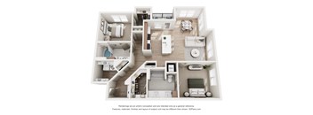 A 3D floor plan of a house with a kitchen, living room, and bedrooms.