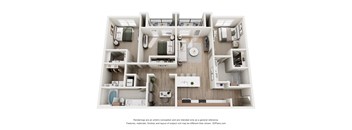 A 3D floor plan of a house with a kitchen, living room, and two bedrooms.