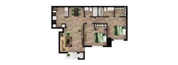 A floor plan of a house with a kitchen, living room, and dining area.