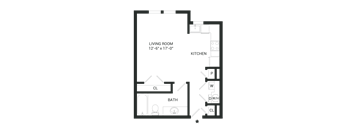 A floor plan of a small apartment with a living room, kitchen, bathroom, and closet.