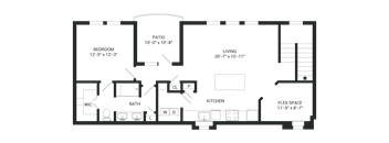 A floor plan of a house with a living room, kitchen, bedroom, and bathroom.