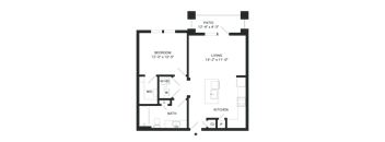 A floor plan of a house with a bedroom, bathroom, kitchen, living room, and patio.