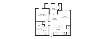 A floor plan of a house with a bedroom, bathroom, kitchen, dining room, and living room.