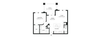A floor plan of a house with a bedroom, bathroom, kitchen, dining area, and living room.