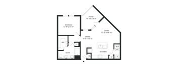 A floor plan of a house with a bedroom, bathroom, dining area, kitchen, and living room.