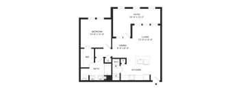 A floor plan of a house with a patio, bedroom, living room, dining room, kitchen, bathroom, and a WIC area.