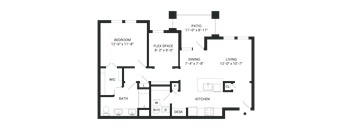 A floor plan of a house with a bedroom, bathroom, kitchen, dining area, living room, and patio.