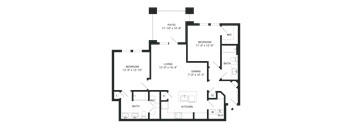 A floor plan of a house with a living room, two bedrooms, a bathroom, a kitchen, and a patio.