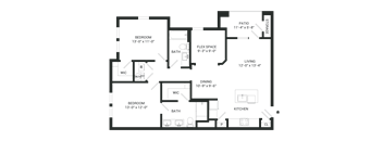 A floor plan of a house with two bedrooms, a living area, a dining area, a kitchen, a patio, and storage.