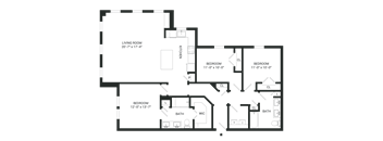 A floor plan of a house with a living room, three bedrooms, a bathroom, a kitchen, a laundry room, and a WC.