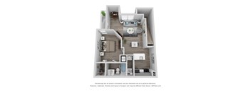 A 3D floor plan of a small apartment with a kitchen, living room, and bathroom.