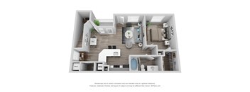 A 3D floor plan of a house with a kitchen, living room, and bathroom.