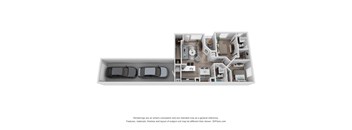 A 3D floor plan of a house with a garage for two cars.