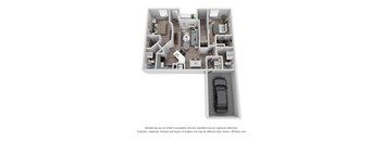 A 3D floor plan of a house with a car parked in the garage.