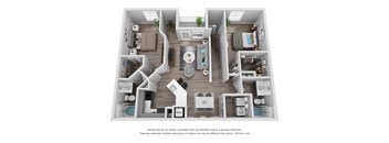 A 3D floor plan of a house with a kitchen, living room, and bedrooms.