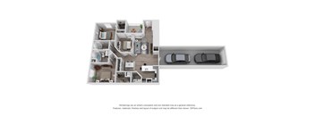 A 3D floor plan of a house with a garage.
