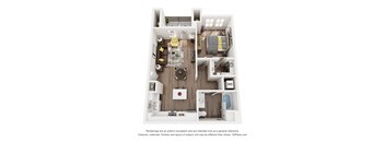 A 3D floor plan of a house with a kitchen, living room, and bathroom.