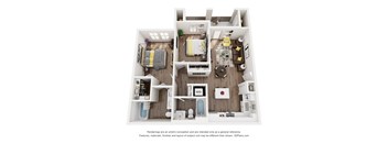 A 3D floor plan of a small apartment with a kitchen, living room, and bedroom.