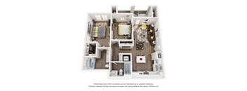 A 3D floor plan of a small apartment with two bedrooms, a living room, and a kitchen.