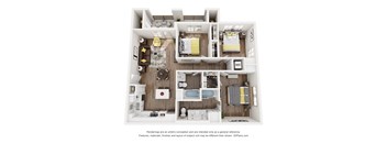 A 3D floor plan of a small apartment with a kitchen, living room, and two bedrooms.
