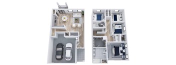 two views of a floor plan of a house with two cars in it