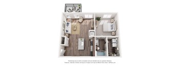 a 1 bedroom floorplan is shown with a wood floor