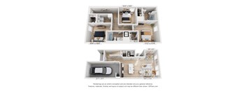 a stylized floor plan of a 3 bedroom apartment