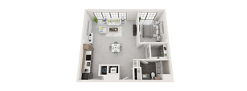 A top-down view of a small, neatly organized apartment with a kitchen, living room, and bathroom.