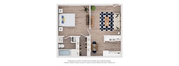 A top-down view of a modern living room with a sofa, coffee table, and a kitchen area.