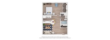 A top-down view of a room with a kitchen, dining area, and living room.