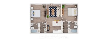 A top-down view of a modern bathroom with two sinks, a bathtub, and a shower.