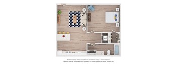 A 3D floor plan of a house with a living room, dining area, and kitchen.