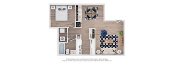 A floor plan of a small apartment with a kitchen, living room, and bathroom.