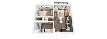 A 3D floor plan of a small apartment with a kitchen, living room, and bathroom.