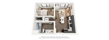 A 3D floor plan of a small apartment with a kitchen, living room, and bathroom.