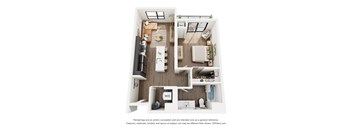 A floor plan of a small apartment with a kitchen, living room, and bathroom.