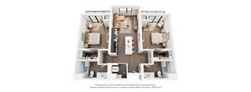 A 3D floor plan of a house with two bedrooms, a living room, a kitchen, and a bathroom.