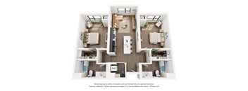 A 3D floor plan of a house with two bedrooms, a living room, a kitchen, and a bathroom.