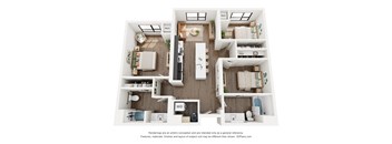 A 3D floor plan of a small apartment with a kitchen, living room, and bathroom.