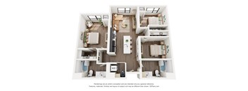 A 3D floor plan of a small apartment with a kitchen, living room, and bathroom.
