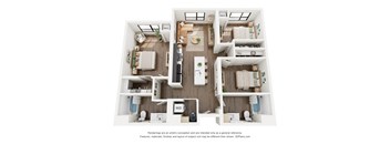 A 3D floor plan of a small apartment with a kitchen, living room, and bathroom.