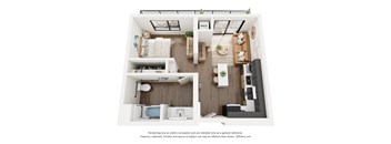 A 3D floor plan of a small apartment with a kitchen, living room, and bathroom.