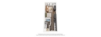 A floor plan of a small apartment with a kitchen, living room, and bathroom.