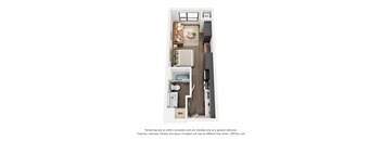 A floor plan of a small apartment with a kitchen, living room, and bathroom.