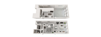 A floor plan of a two-story house with a living room, kitchen, and bedrooms.
