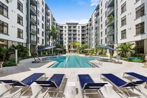 A swimming pool surrounded by sun loungers and palm trees.