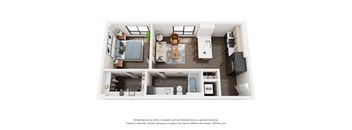 A 3D floor plan of a modern apartment with a living room, kitchen, and bathroom.