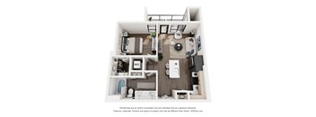 A 3D floor plan of a small apartment with a living room, kitchen, and bathroom.