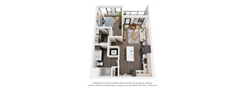 A floor plan of a small apartment with a kitchen, living room, and bathroom.