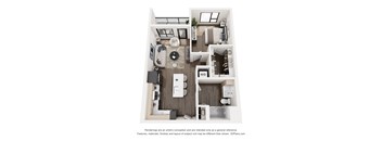 A 3D floor plan of a small apartment with a kitchen, living room, and bathroom.
